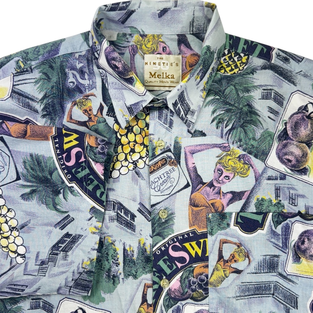 Vintage 90's Melka Button Up Short Sleeve Novelty Peach Scnapps Shirt 42-16 1/2‎